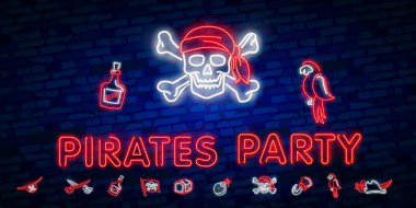 Korsanlar Neon metin vektör parti. Pitate neon simgesi, tasarım şablonu, modern trend tasarım, gece neon signboardvintage korsan amblemi parlak neon