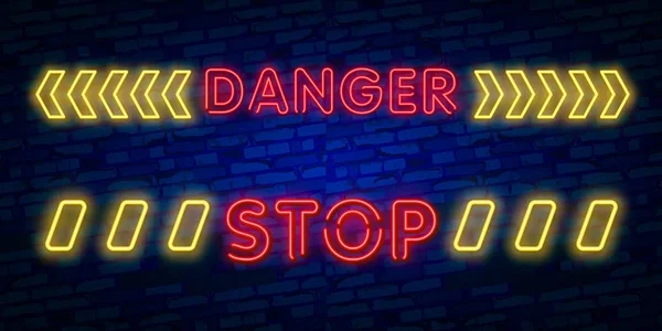 Danger Neon Text Vector. Danger neon sign, design template, modern trend design, night neon signboard, night bright advertising, light banner, light art. Vector illustration — Stock Vector