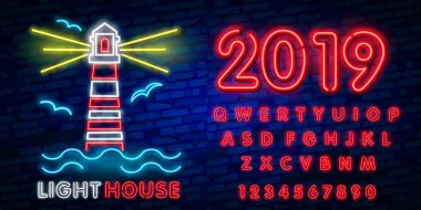 Deniz feneri Neon tabela. Deniz feneri Logo Neon stil, sembol, gece kulübü, gece parti reklam, diskolar için tasarım şablonu. Neon afiş. Vektör çizim. Metin neon işareti düzenleme