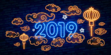 domuz tebrik kartı neon tarzı 2019 yılı. Çin yeni yıl tasarım şablonu, Zodyak işareti tebrik kartı, el ilanları, davet, afiş, broşür, afiş için.