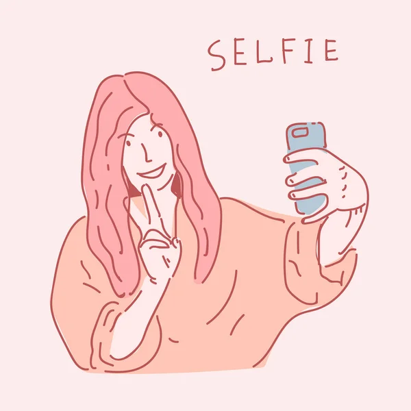 Κορίτσι Παίρνει Μια Selfie Στο Κινητό Χέρι Συντάσσονται Στυλ Σχεδιασμού — Διανυσματικό Αρχείο