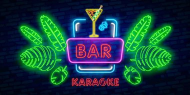 Kokteyl Bar neon logo tasarımı. Siyah arka plan üzerine izole. Retro vintage neon tabela. Tasarım öğesi için reklam, işaretler, posterler, afişler. Vektör çizim