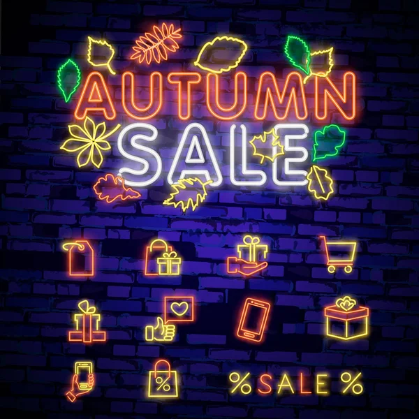 Autumn Sale Neon Sign Bright Signboard Light Banner Autumn Discounts — Stock Vector