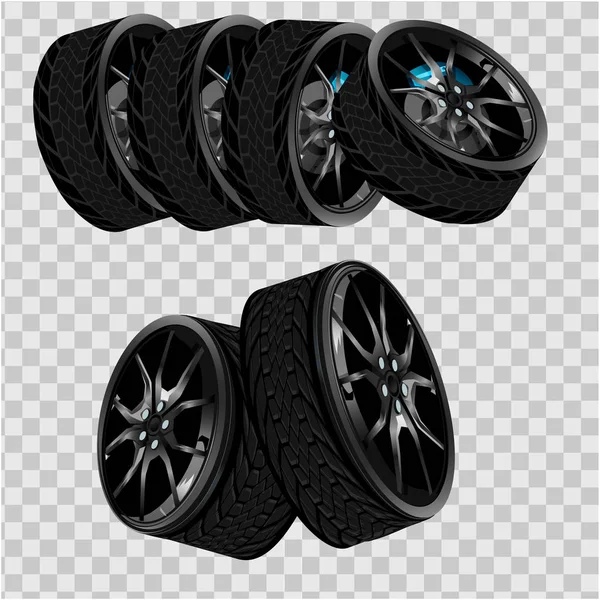 Vektor Realistischen Schwarzen Reifen Gestapelt Haufen Glänzenden Stahl Und Gummirad — Stockvektor