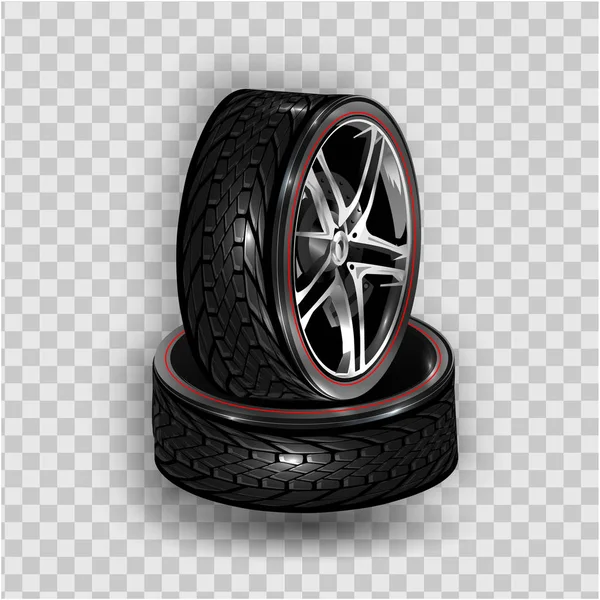 Vektor Realistischen Schwarzen Reifen Gestapelt Haufen Glänzenden Stahl Und Gummirad — Stockvektor