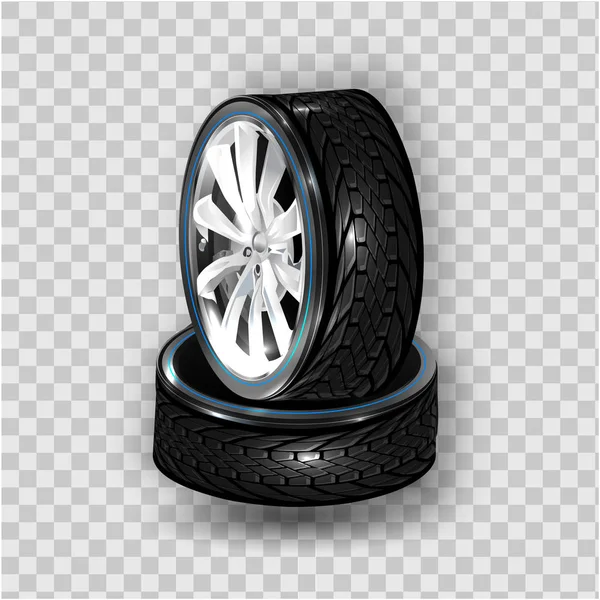 矢量3D 逼真的黑色轮胎堆积在桩 闪亮的钢和橡胶车轮的汽车 孤立的白色 现代轮辋 机械车间胎面车设备 — 图库矢量图片