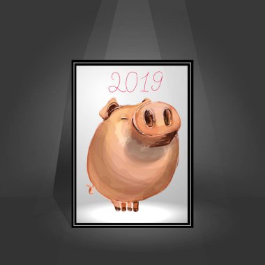 Çerçeve içinde şirin domuz. Yeni Yılınız Kutlu Olsun. 2019 yıl Çince sembolü. Mükemmel Festival hediye kartı. Beyaz arka plan üzerinde vektör çizim.