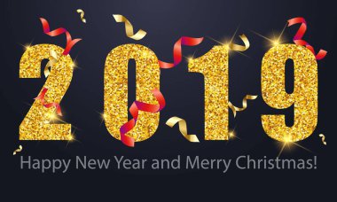 2019 altın yeni yıl işaretiyle altın glitter ve siyah arka plan üzerine yükleme paneli.