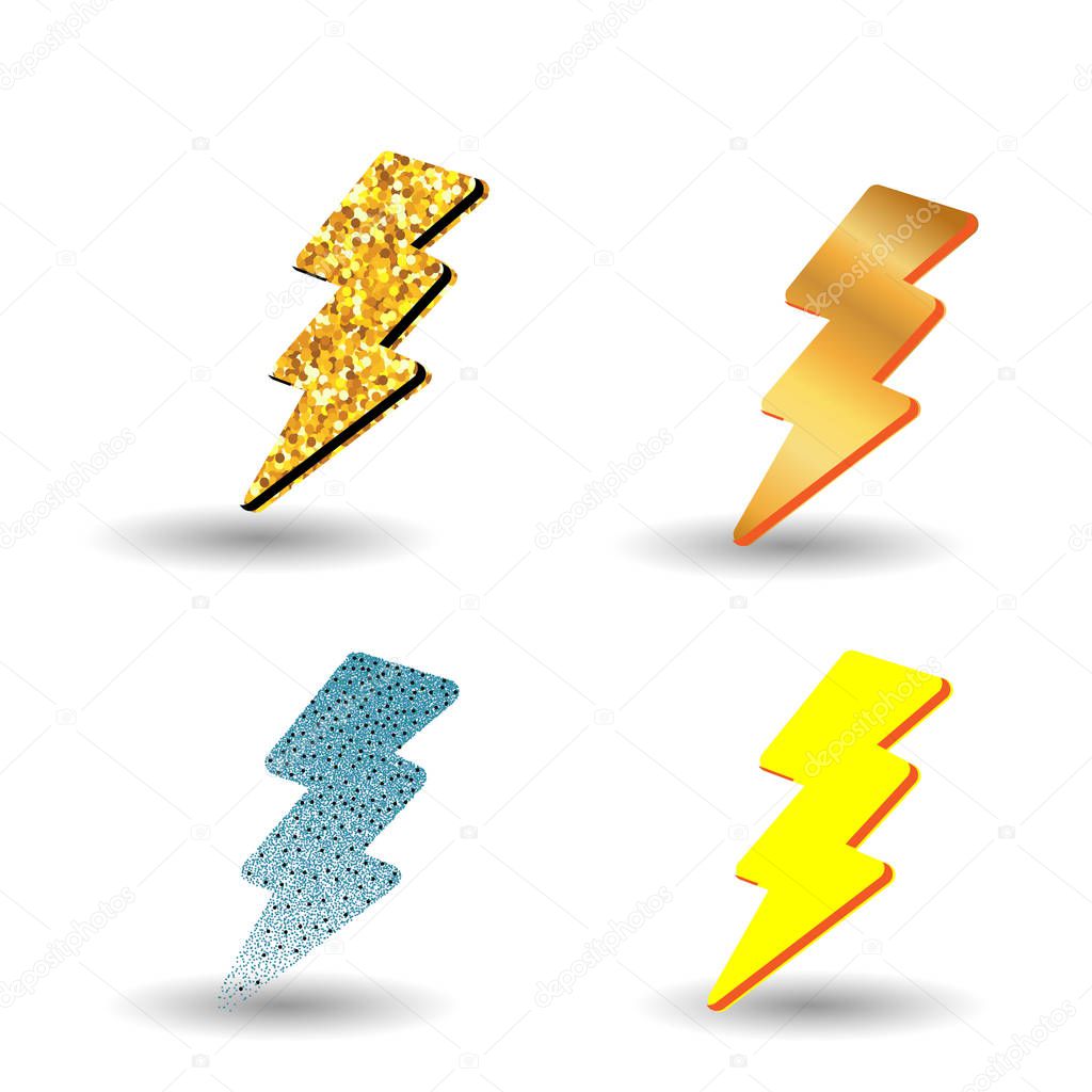 Thunder and Bolt Lighting Flash Icons Set. Flat Style on Dark Background. Vector