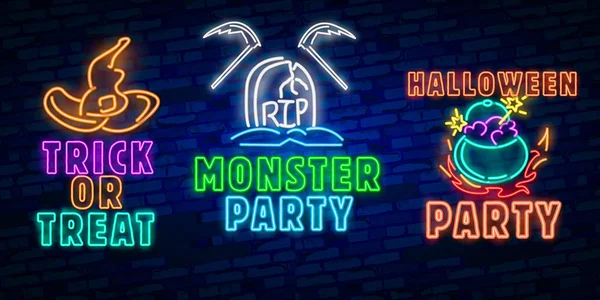 Halloween Neon Teken Vector Truc Behandelen Van Halloween Ontwerpsjabloon Met — Stockvector