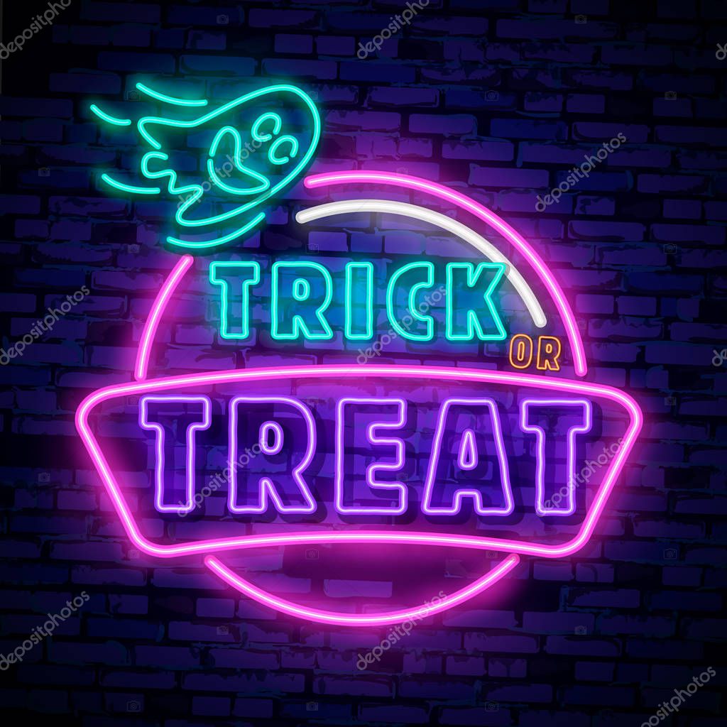 Halloween neon sign vector. Trick or treat Halloween Design template with ghost and web for banner, poster, greeting card, party invitation, light banner. Isolated illustration