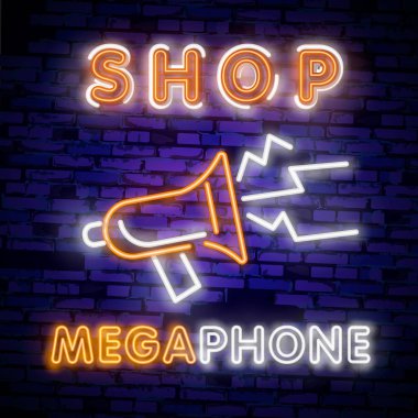 Megafon neon ışığı simgesi. Hizmet parlayan simgesini desteklemesi.