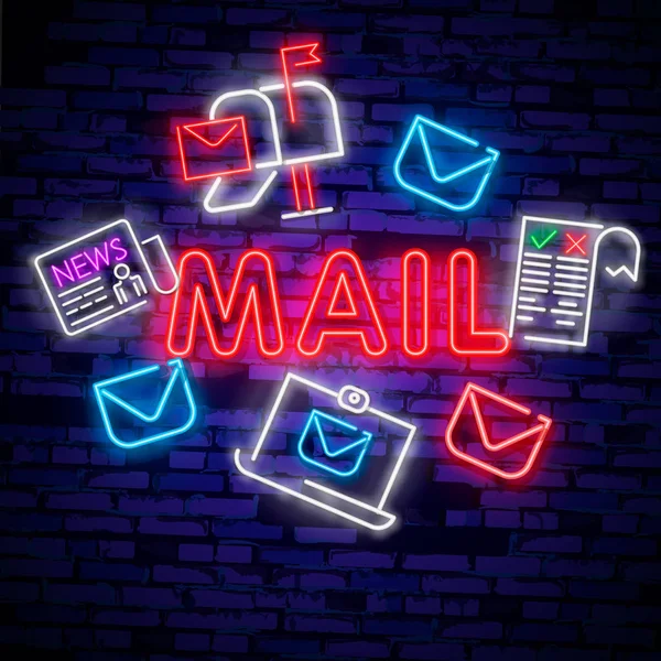 Neonlicht Postzusteller Symbol Umschlag Symbol Botschaftsschild Mail Navigationstaste Glühende Grafik — Stockvektor