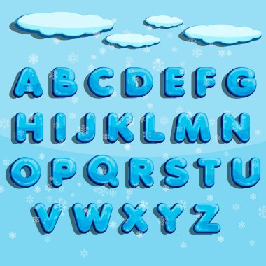 Kış vektör alfabesi ile kar. Mektup abc, tipografi buz soğuk yazı tipi, sezon frost yazı tipi veya yazı kümesi. Kış alfabesi
