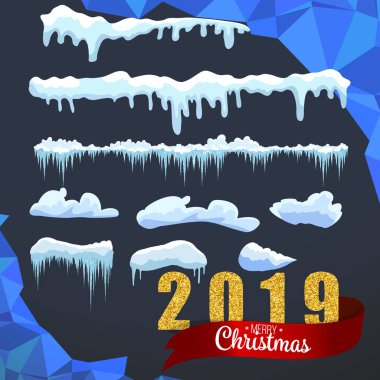 Kar buz saçağı kış tasarım ayarlayın. Beyaz mavi kar şablonu. Üzerinde mavi arka plan izole karlı çerçeve dekorasyon. Karikatür tarzı. 2019 Noel, yeni yıl buz doku dondurulmuş.