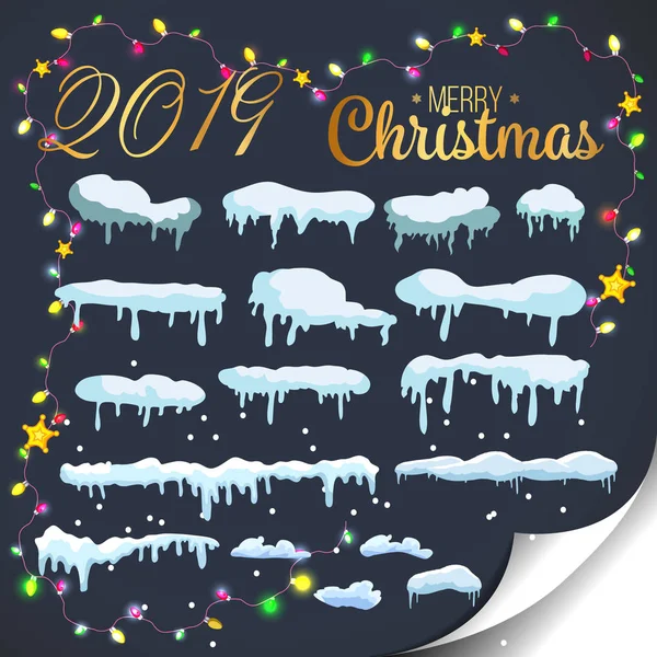 Aantal elementen van de sneeuw, sneeuw caps, sneeuwlaag geïsoleerd op blauwe achtergrond voor design en decoratie van 2019 kerst wenskaarten. — Stockvector
