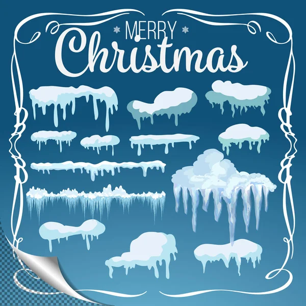 Набір елементів сніг, сніг-шапочки, снігові замети, ізольовані на синьому фоні для дизайн та оформлення 2019 Різдво вітальні листівки. — стоковий вектор