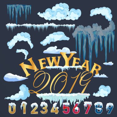 Kar buz sarkıtları ve kar sürüklenir. Kış kar kapaklar buz ile. Dekorasyon için farklı mavi ve beyaz karlı çerçeve kümesi.