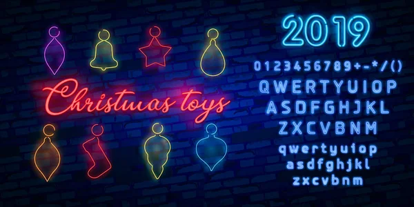 Neon Icons Kleurrijke Set Tekst Merry Christmas Het Midden Decoratieve — Stockvector