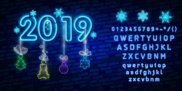 2019 Feliz Año Nuevo Neon Text Plantilla Diseño Año Nuevo — Vector de stock