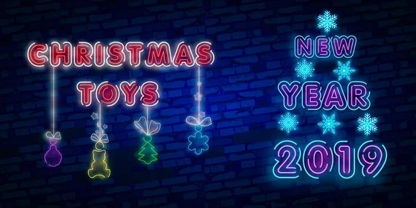 Neon Icons Kleurrijke Set Tekst Merry Christmas Het Midden Decoratieve — Stockvector