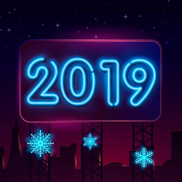 2019 Feliz Año Nuevo Neon Text Plantilla Diseño Año Nuevo — Vector de stock