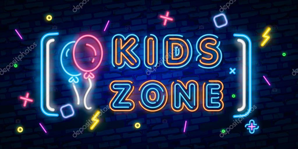 Kids Zone neon sign, bright signboard, light banner. Kids Area logo, emblem