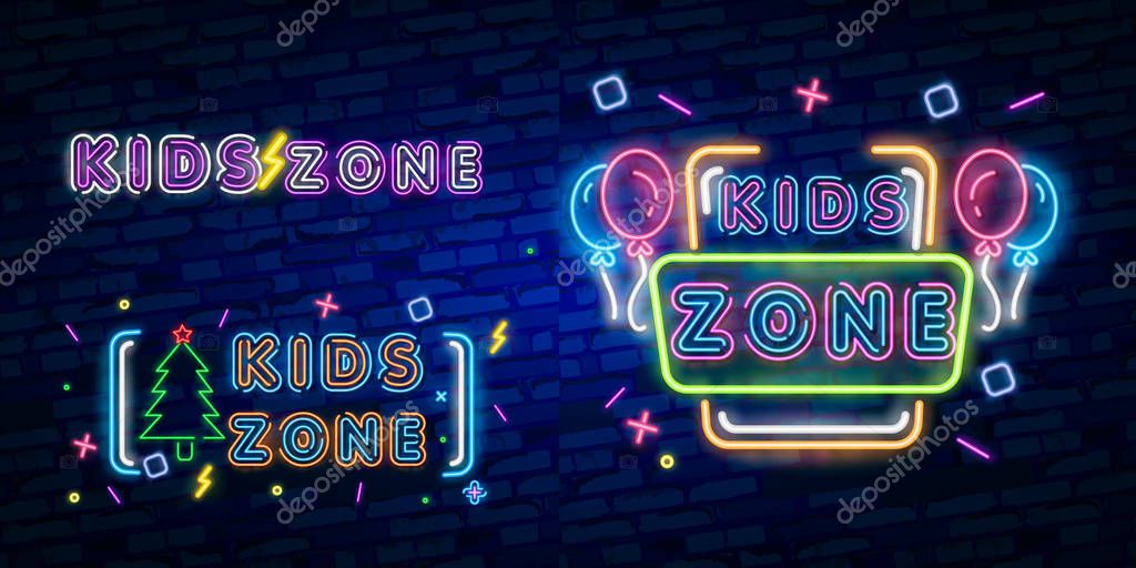 Kids Zone neon sign, bright signboard, light banner. Kids Area logo, emblem