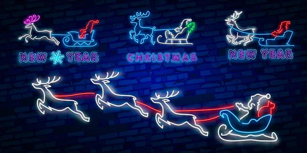 Mutlu yeni yıl 2019. Geyik neon tabela. Neon işareti. Gece parti. Logosunu görmeniz gerekir. Afiş. mutlu Noeller. Noel topları ile şirin Ren geyiği.