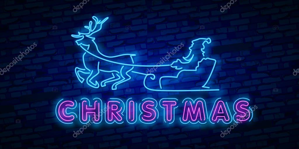 Deer neon sign. Night party. Happy Merry Christmas. Neon sign, bright signboard