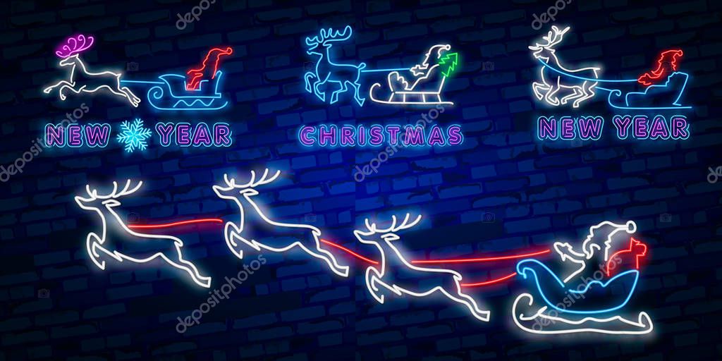 Happy New year 2019. Deer neon sign. Neon sign. Night party. Logo. Banner. merry Christmas. Cute reindeer with Christmas balls.