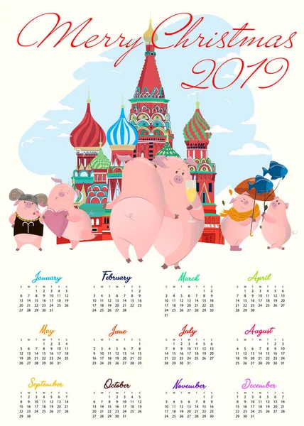 Kalendarzowy 2019 Ładny Kalendarz Miesięczny Wesoły Świnki Ręcznie Rysowane Stylu — Wektor stockowy