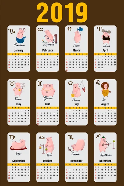 Calendario Cerdos Para 2019 Lindo Mes Calendario Con Signos Horóscopo — Archivo Imágenes Vectoriales