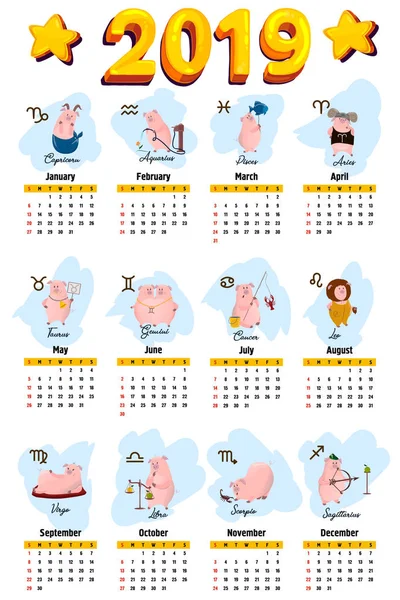 2019年猪日历 可爱的月历与星座 周日开始的一周 — 图库矢量图片