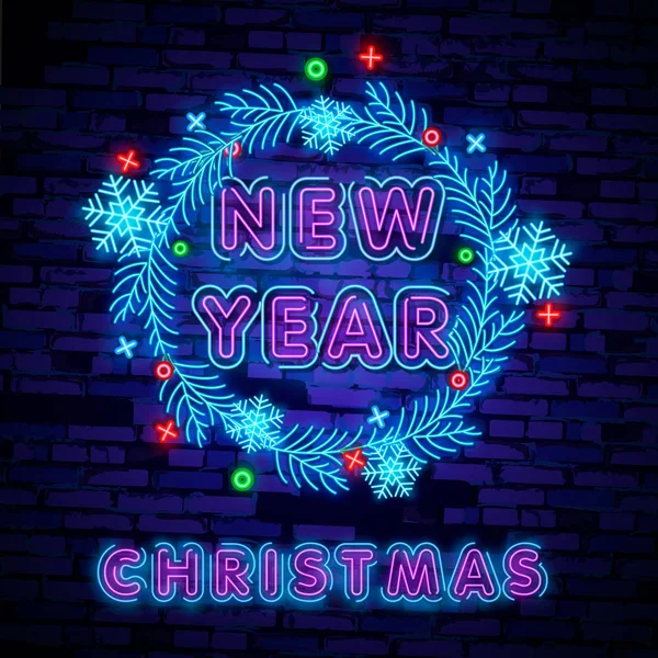Feliz Navidad 2019 Feliz Año Nuevo Letrero Neón Con Copos — Vector de stock
