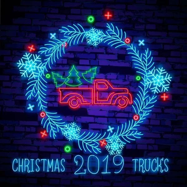 Kerst Vrachtwagen Vintage Vectorillustratie Kerst Rode Vrachtwagen Met Een Kerstboom — Stockvector