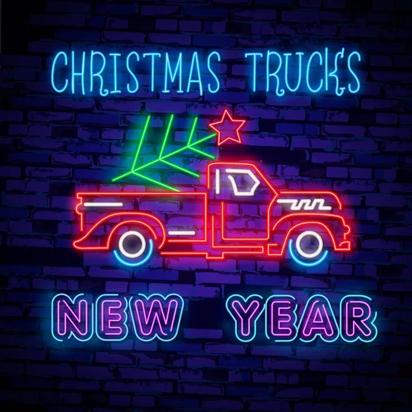 Kerst Vrachtwagen Vintage Vectorillustratie Kerst Rode Vrachtwagen Met Een Kerstboom — Stockvector