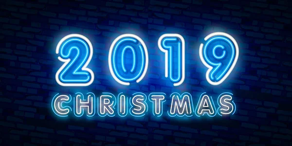 2019 Feliz Año Nuevo Neon Text Plantilla Diseño Año Nuevo — Vector de stock