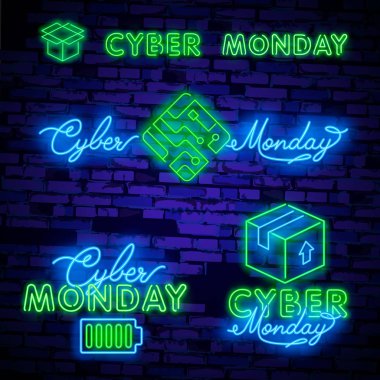 Cyber Pazartesi neon tabela, parlak tabela, afiş ışık. İndirim, gece Satılık logo, amblem