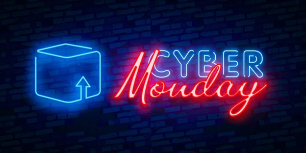 Cyber Monday Leuchtreklame Leuchttafel Lichtbanner Rabatt Nachtverkauf Logo Emblem — Stockvektor