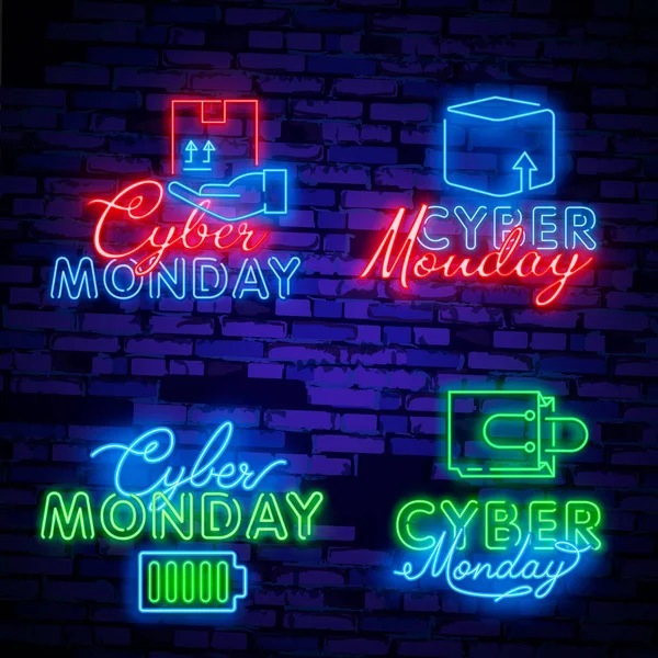 Cyber Monday Leuchtreklame Leuchttafel Lichtbanner Rabatt Nachtverkauf Logo Emblem — Stockvektor