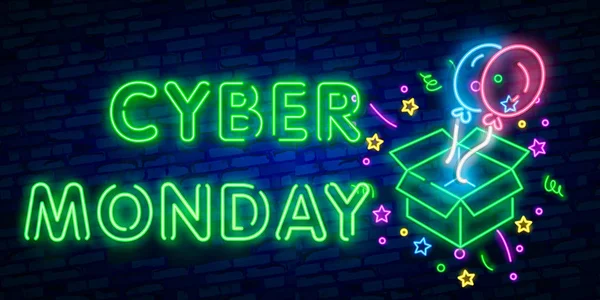 Cyber Monday Leuchtreklame Leuchttafel Lichtbanner Rabatt Nachtverkauf Logo Emblem — Stockvektor