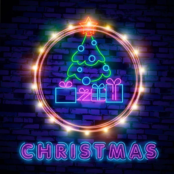 Счастливого Рождества и 2019 С Новым годом неоновая вывеска со снежинками, висит рождественский бал. Неоновый дизайн для Xmas, новогодняя эмблема, яркая вывеска, светлый баннер. Ночная вывеска — стоковый вектор