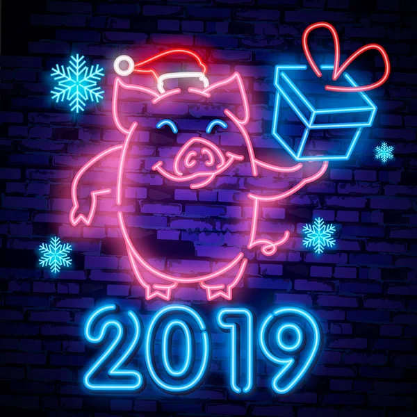 Lindo cerdo de neón. Feliz año nuevo chino 2019 diseño plantilla vector. Año nuevo chino de la tarjeta de felicitación del cerdo, bandera ligera, estilo de neón . — Vector de stock