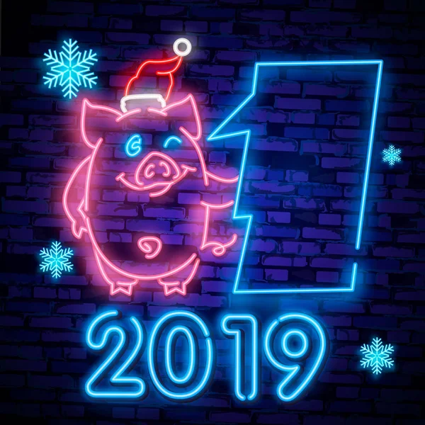Lindo cerdo de neón. Feliz año nuevo chino 2019 diseño plantilla vector. Año nuevo chino de la tarjeta de felicitación del cerdo, bandera ligera, estilo de neón . — Vector de stock