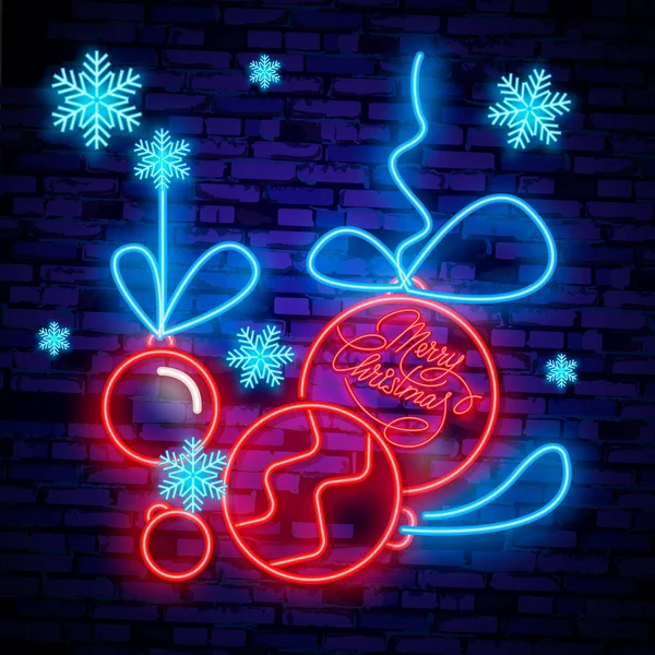 Vrolijk kerstfeest en 2019 Happy New Year neon ondertekenen met sneeuwvlokken, opknoping kerst bal. Neon-ontwerp voor kerst, Nieuwjaar embleem, heldere uithangbord, lichte banner. Nacht uithangbord — Stockvector