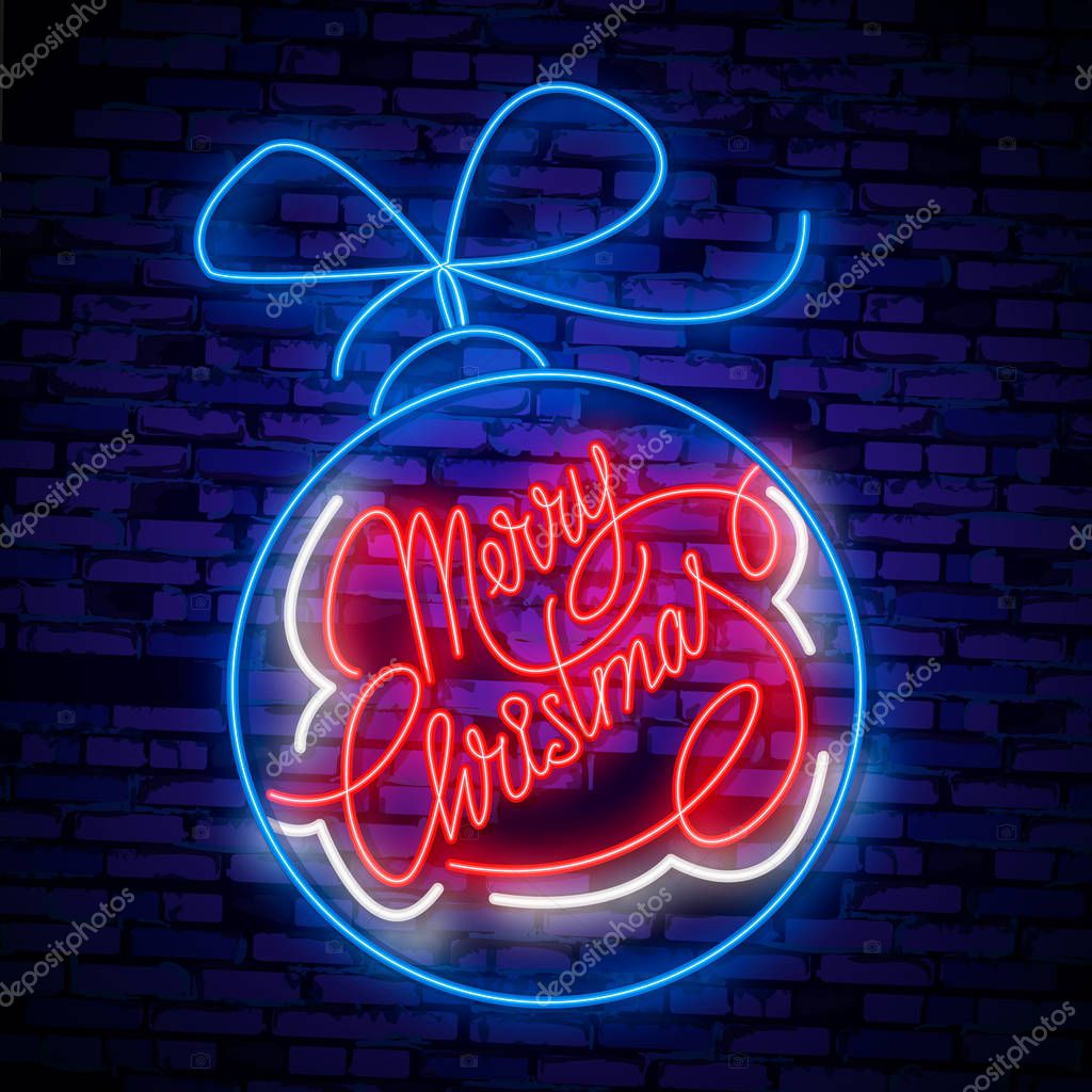 Merry Christmas and 2019 Happy New Year neon sign with snowflakes, hanging christmas ball, santa hat, candy.