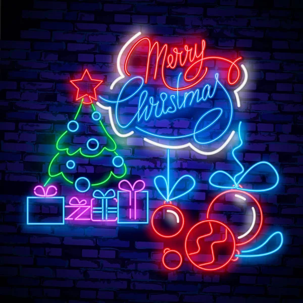 Vrolijk kerstfeest en 2019 Happy New Year neon ondertekenen met sneeuwvlokken, opknoping kerst bal. Neon-ontwerp voor kerst, Nieuwjaar embleem, heldere uithangbord, lichte banner. Nacht uithangbord — Stockvector
