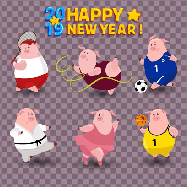 向量猪符号2019年 动画片例证为圣诞卡 贴纸邀请 — 图库矢量图片