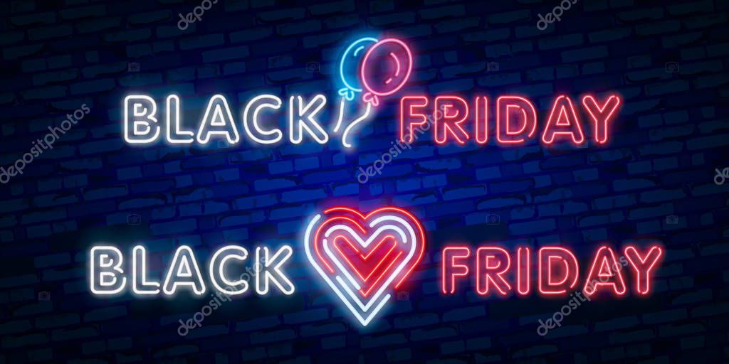 Dark web banner for black Friday sale. Modern neon red billboard on brick wall.
